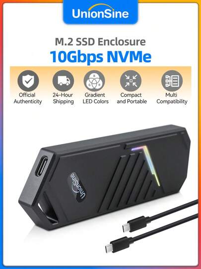 UnionSine حافظة SSD NVMe من الألومنيوم بسرعة 10 Gbps من Unionsine | نقل بسرعة 1 جيجا بايت في الثانية | منفذ Type-C مزدوج | تناسب مقاسات 2230-2280 | تبريد درجة العسكرية