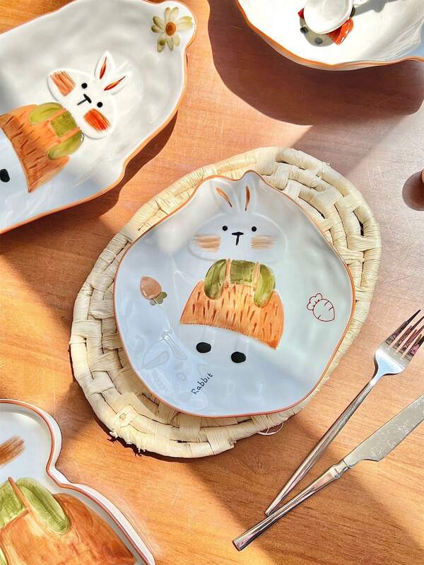 1 set de vaisselle de table en céramique à forme de lapin mignon, à l'apparence adorable, en porcelaine de haute qualité - idéal pour les repas quotidiens, les pique-niques et un cadeau réfléchi pour les jeunes parents ou amis à Pâques, fournitures scolaires