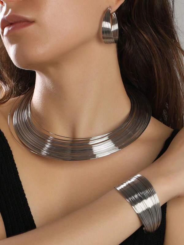 1 pièce Ras-du-cou, 1 pièce Bracelet, 1 paire Boucles d'oreilles, Ensemble de bijoux femme multicouche personnalisé et exagéré