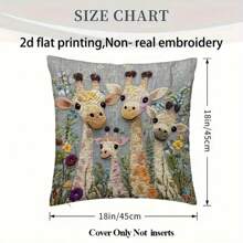 1pc Floral & Giraffe Family Decorative Pillow Cover, 18x18 Inches, Soft Polyester, Zippered Closure, Perfect For Living Room Sofa Home Decor, Bedroom Headboard Cushion, Pillow Insert Not Included