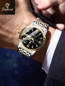 Reloj de lujo BINBOND para hombre, elegante, con fecha y día, resistente al agua, luminoso, reloj de cuarzo de acero inoxidable para deportes de hombres - Negro - Ver 5
