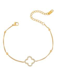 1 Stück 18K vergoldetes Edelstahl Armband mit Zirkonia Kugel und 4-Blatt Kleeblatt, Geschenk für Mütter, Paare, Töchter, Sommerstrandmode, wasserfest und farbbeständig