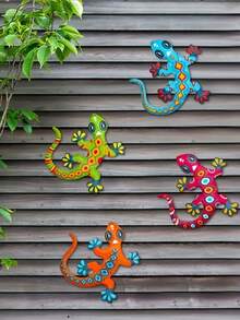 4pcs 2D Colorful Wooden Gecko Wall Decor, Outdoor Garden Patio Decoration, Suitable For Indoor Or Outdoor, Great Gift For Mom, Dad And Friends