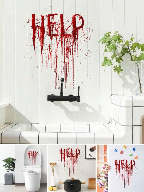 Pegatinas de ventana de decoración de Halloween, señal de socorro con efecto de sangre, decoración de fiesta de Halloween espeluznante para ventanas y autos, decoración de Halloween, decoración de otoño, decoración de la cosecha, decoración de habitación, decoración de dormitorio