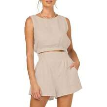 Womens Summer 2 Piece Outfits Short Sets Matching Sleeveless Tank Top High Waisted Shorts With Pockets Clothes Womenswear Crewneck - 黃色 - 查看 1