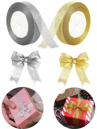 1 rulle, 0,39 tum x 25 meter silverguldglitterband, silverglitterband, rosett gör-det-själv-band, glittrigt tunt enfärgat tygband för presentinslagning, hantverk, jul, högtid, bröllop, födelsedag, festdekoration blomsterbukett, metalliskt guldbandsrulle, band för buketter, handgjort, presenter, mors dag, alla hjärtans dag