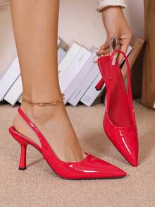 Women's Ankle Strap High Heel Pointed Toe Patent Leather Pumps, Elegant Red Wedding/Bridesmaid Shoes, Versatile Fashion Ankle Strap Stilettos - Red - View 5