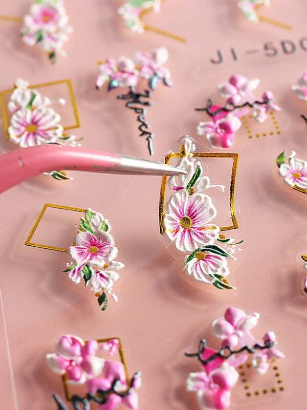 1PC Nail Art 5D 3D Adhesive Stickers Ins Summer Two Color Fresh Pink Small Flower Relief Stickers