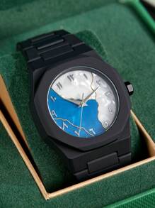 1 pieza Reloj de pulsera de cuarzo clásico y creativo para hombre, de estilo casual de negocios en azul, negro y rosa, con diseño de números arábigos y dibujos animados, adecuado para la oficina, deportes, cumpleaños, regalo para días festivos