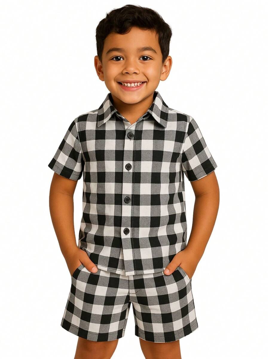 Children's Set Boy Shirt And Shorts Comfortable In Viscolinho - Black and White - View 1