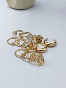 13pcs/Set Retro Rhinestone Hollow Portrait Adjustable Ring Set - Suitable For Daily & Casual Occasions
