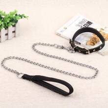 120CM Metal Chain Dog Lead With Leather Style Handle Strong Control Leash UK - Black - View 10