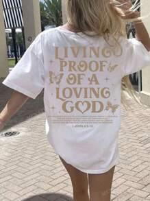 Summer Christian T-Shirt With Bible Verse Print, "Living Proof Of A Loving God, I John 4:9-10", Casual Loose Drop Shoulder Short Sleeve Tee, Suitable For Summer Vacation And Believers