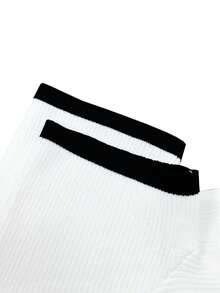 Fitted Short Sleeve Polo Collar Top, Casual & Professional Versatile Summer New Rib Knit Contrast Color T-Shirt For Women