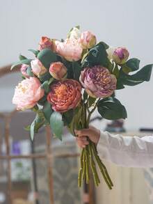 1 Pc High Quality Charred Edge 2-Head Peony & Paeony Artificial Flowers, Retro Home Decor Fake Flower Bouquet - Multicolor - View 4