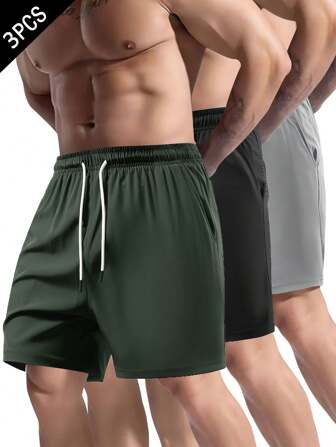 3 buc pantaloni scurți pentru bărbați, culoare solidă, cu talie elastică, cu uscare rapidă, ușori, casual, sport în aer liber, pentru vară