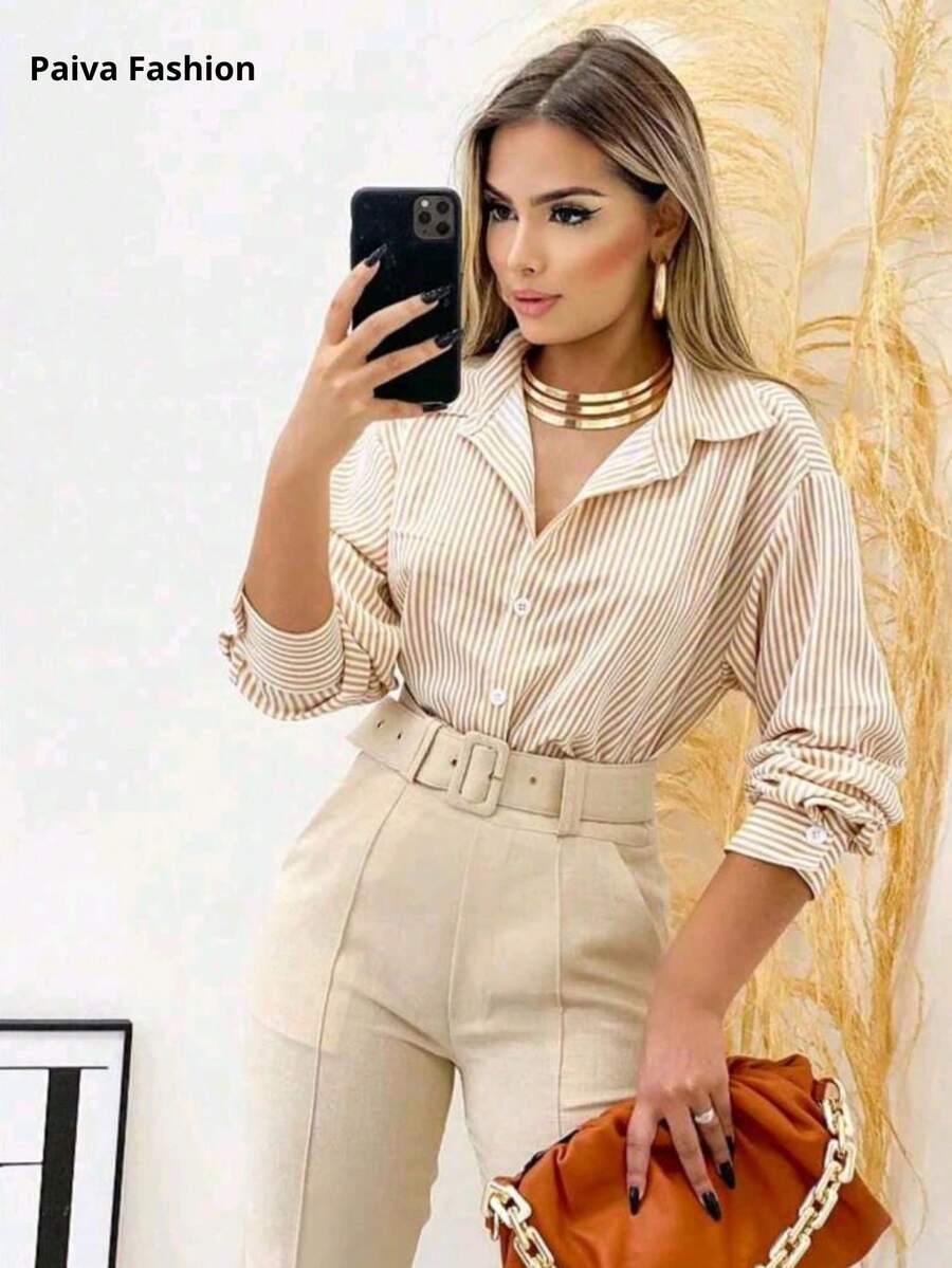 Paiva Fashion Women's Striped Social Shirt Long Sleeve With Button High Summer - Beis - Ver 1