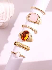 6 pièces/set Bague en pierre géométrique scintillante unique, élégante et minimaliste de luxe. Bijou pour femmes