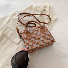 Nuevo bolso de mano de primavera/verano con bloque de color, cuadros y flecos, bolso de hombro cruzado casual y versátil para mujer
