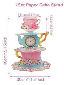 1 套 3 层花卉茶会纸杯蛋糕架装饰茶壶风格花卉主题派对蛋糕架甜点塔适用于公主生日婚礼派对用品、圣诞节