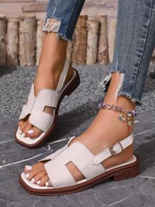 Sandalias planas para mujer, sandalias casuales de unicolor con tira y hebilla, de punta abierta y deslizamiento, cómodas para uso al aire libre