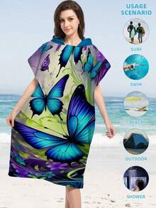 1pc Butterfly & Floral Pattern Hooded Cloak Robe, Lightweight Wearable Beach Towel For Surfing, Swimming, Bathing, Outdoor Sports, Adult Hooded Towel Robe Back To School - Multicolor - View 23