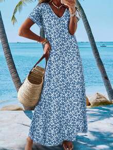 Lightweight Elegant Casual & Vacation Style Women Summer Long Ditsy Floral V-Neck Dress, Versatile For Traveling, Work, Home - Blue - View 1