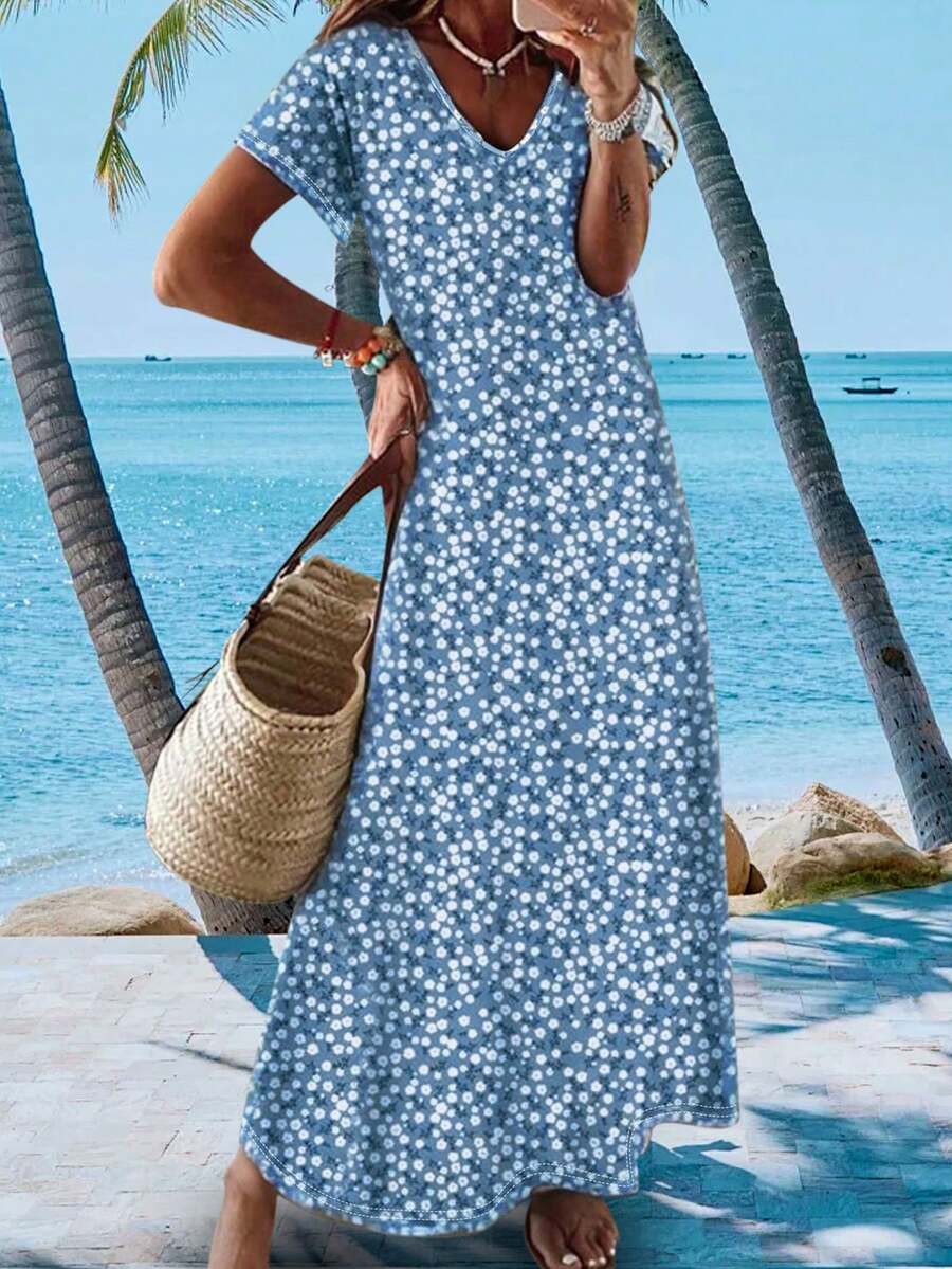 Lightweight Elegant Casual & Vacation Style Women Summer Long Ditsy Floral V-Neck Dress, Versatile For Traveling, Work, Home - Blue - View 1