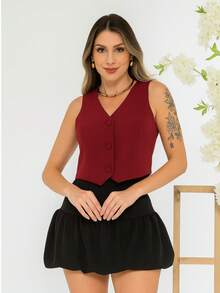 Women's Short Vest Lined Tailored With Buttons Formal V-Neckline - Burgundy - View 1