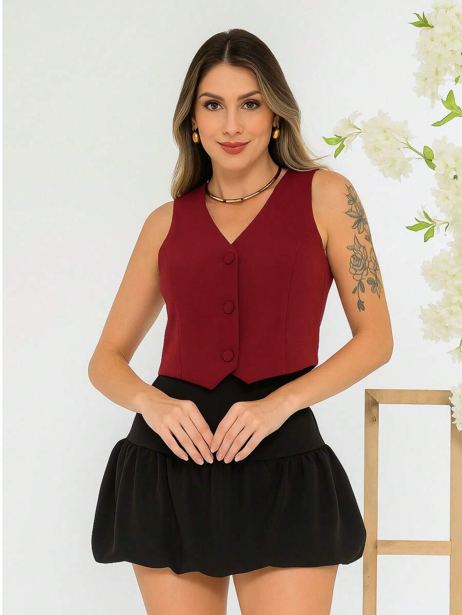 Women's Short Vest Lined Tailored With Buttons Formal V-Neckline - Burgundy - View 1