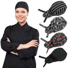 1pc/Set Chef Hats, Adjustable Long Band Service Caps, Restaurant Skull Caps, High-Tall Kitchen Hats For Dining, Black Polyester Woven With Toggle Closure, Lightweight Stretch Fit, Skull, Chef Hats