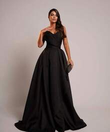 PRINCESS STRAP-OFF PARTY DRESS. Elegant Conservative / Modest PET Appliques - Black - View 1