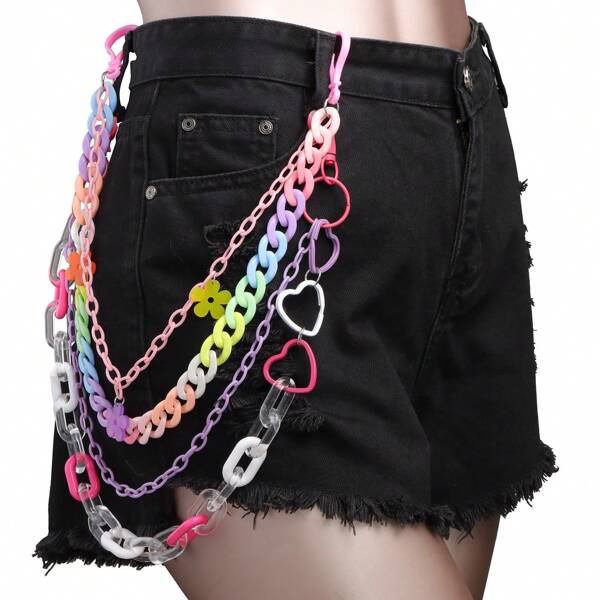 1pc Versatile Heart & Flower Shaped Decorative Chain, Colorful Punk Style Detachable Chain, Aesthetic Summer, School