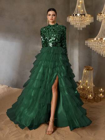 Faeriesty 优雅女士婚纱，高领、长袖、高开衩、分层 A 字裙，亮片装饰紧身胸衣，奢华薄纱设计 - 非常适合盛大婚礼、尊贵晚会、黑色领带舞会、正式颁奖典礼、豪华招待晚宴