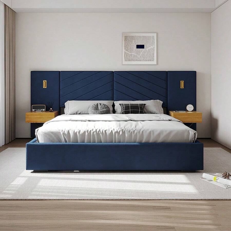 Olodumare King/Queen Size Velvet Bed Frame With Vertical Channel Tufted Wingback Headboard, Royal Blue Upholstered Platform Bed, Heavy Duty Metal Frame & Wooden Slats, No Box Spring Needed, Easy Assembly, Modern Luxury Bedroom Furniture, 800 Lbs Capacity, Noise-Free Sturdy Design, Home Decor - 寶藍色 - 查看 1