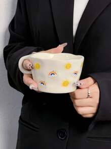 1pc Handpainted Heart, Bow, Sun, Rainbow, Star Ceramic Mug, Instagrammable French Latte Cup, Cute Girl Style Beverage Cup, Tea/Coffee/Water Cup, Practical & Stylish Gift, Suitable For Cafe, Dessert Shop, Restaurant, Living Room, Party, Gift Giving