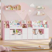 Toy Storage Furniture, Toy Organizer, Montessori Shelf, Toy And Book Storage Shelf, Toy Storage Box, 4 Doors, 2 Drawers With Wheels, 122x30x100cm - 粉色 - 查看 5