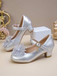 1 Pair Girls Aesthetic Dreamy Low Heel Round Toe Princess Shoes Dance Shoes Comfortable Small Leather Shoes Suitable For Banquets And Parties Multi-Functional Essential. - Silver - View 2