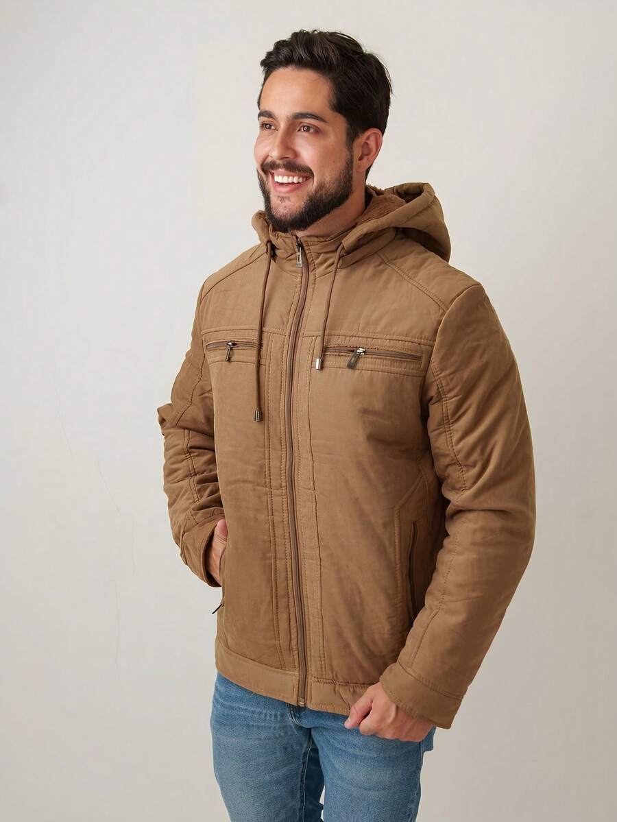 Men's Parka Coat Jacket Twill Premium Material Plush Overcoat Removable Hood Men's Winter Clothing Autumn Winter Zipper Pocket Drawstring - Màu be - Xem 1