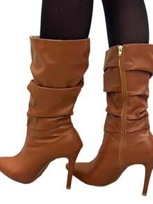 Women's Mid-Calf Boot With Thin Heel, Accordion-Style, Lined Zipper - trắng - Xem 9