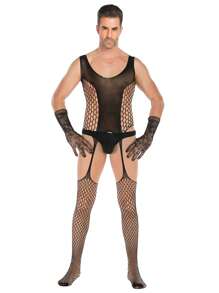 Men's Open-Crotch Seductive Nightwear High-Elastic Jacquard Bodysuit.Gloves Are Not Included.Sexy Lingerie