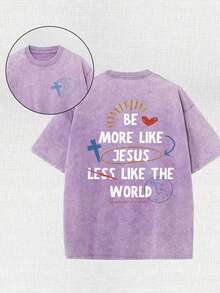 More Like Jesus Printed Retro Washed T-Shirt, 230G, Cross Retro Street Style. Simple And Versatile, Pure Cotton Is Of High Quality, Novel And Fashionable, And It Is A Must-Have Fashion T-Shirt For Spring And Summer. - 紫色 - 查看 1