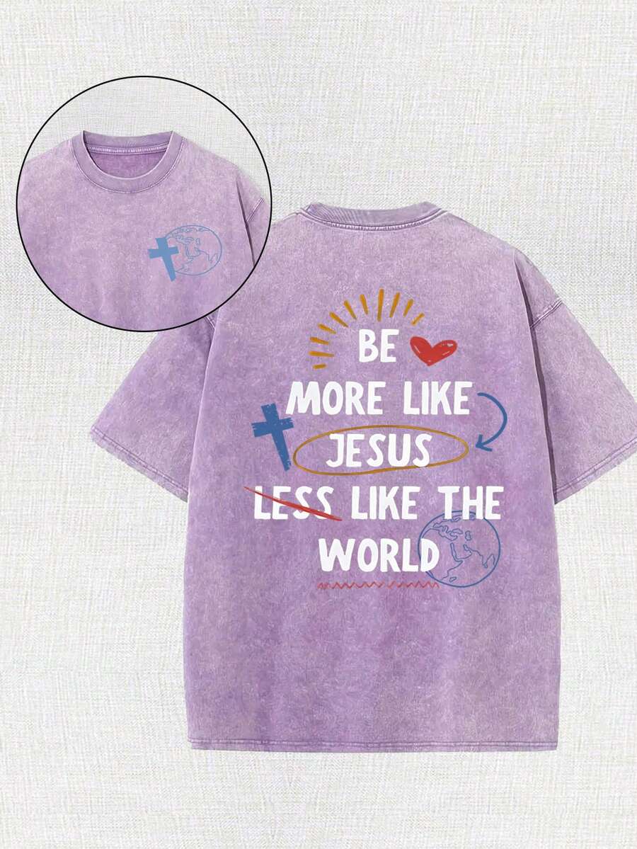 More Like Jesus Printed Retro Washed T-Shirt, 230G, Cross Retro Street Style. Simple And Versatile, Pure Cotton Is Of High Quality, Novel And Fashionable, And It Is A Must-Have Fashion T-Shirt For Spring And Summer. - 紫色 - 查看 1