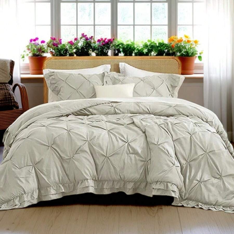 Vclife Vintage Floral Comforter Set Four Sizes, All Seasons Muslin Cotton Bedding Set, 3 Pieces Farmhouse Shabby Chic Jacquard Floral Comforter Set Perfect For Women And Men - 胖被套裝-抓皺+雙層荷葉邊-裸灰 - 查看 1