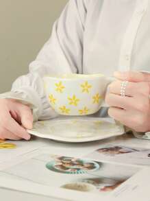 1pc Hand-Painted Floral/Yellow Stamen Ceramic Coffee Cup And Saucer Set, Suitable For Home, Office, Cafe Use, Ideal Gift For Women, Mom, Birthday Back To School