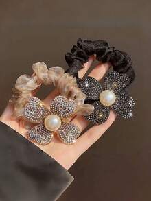 2pcs Faux Pearl & Rhinestone Decorated Hair Scrunchies, New Mesh Four-Leaf Flower Petal Hair Ties, French Elegant Ponytail Holders, Shiny Polyester Hair Accessories ,Head Piece Hair Ties Head Accessories Elastic Band Hair Rubber Bands - As Shown - View 11