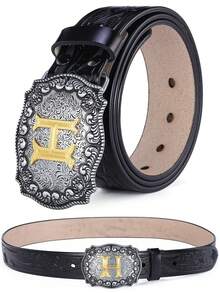 Letters A-Z Belts For Men Big Buckle Western Male Belts Retro PU Leather Waist Strap For Pants Pank Street Cowboy Cowgirl Style Black 3.8cm Width Casual, Business, Boyfriend Husband Father Dad Men Gift, Daily Wear, Fashion, Teen, Outdoor, Vacation, Athletic, Travel, Street, Boho, Vintage Fall, Autumn, Halloween Autumn-Winter Accessories, Suitable For Teens, Youth, Men, Casual, Outdoor, Athletic, Vacation, Graduation Gifts, Birthday, Daily Wear - Letter - View 9