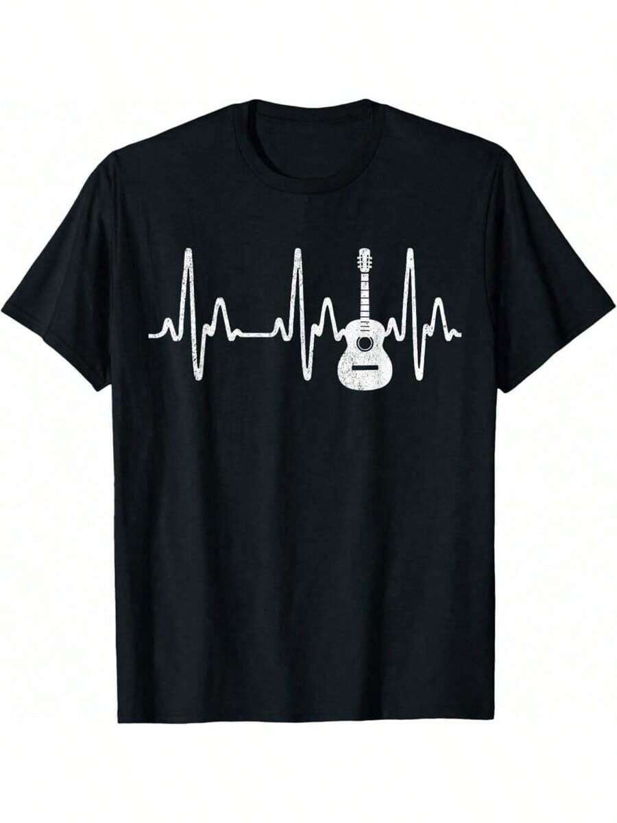 Acoustic Guitar Heartbeat - Guitar Musician T-ShirtFun American Cartoon T-Shirt Fashion Casual T-Shirts For Men, Breathable Loose Short Sleeves - Black - View 1