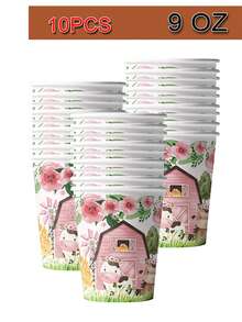 10 件农场动物派对用品餐具套装农场生日派对谷仓动物主题派对可爱粉色动物淋浴甜点盘纸餐巾餐具，7 英寸 | 9 英寸一次性纸盘，9 盎司纸杯，餐巾，可供 10 位客人使用 - 彩色 - 查看 4