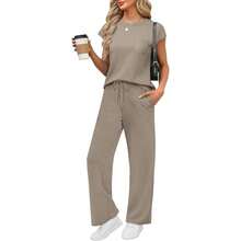 2 Piece Sets For Women Casual Summer Travel Vacation Outfits Cap Sleeve Lounge Set Loungewear Pajama Womenswear Minimalist - Coffee - View 1